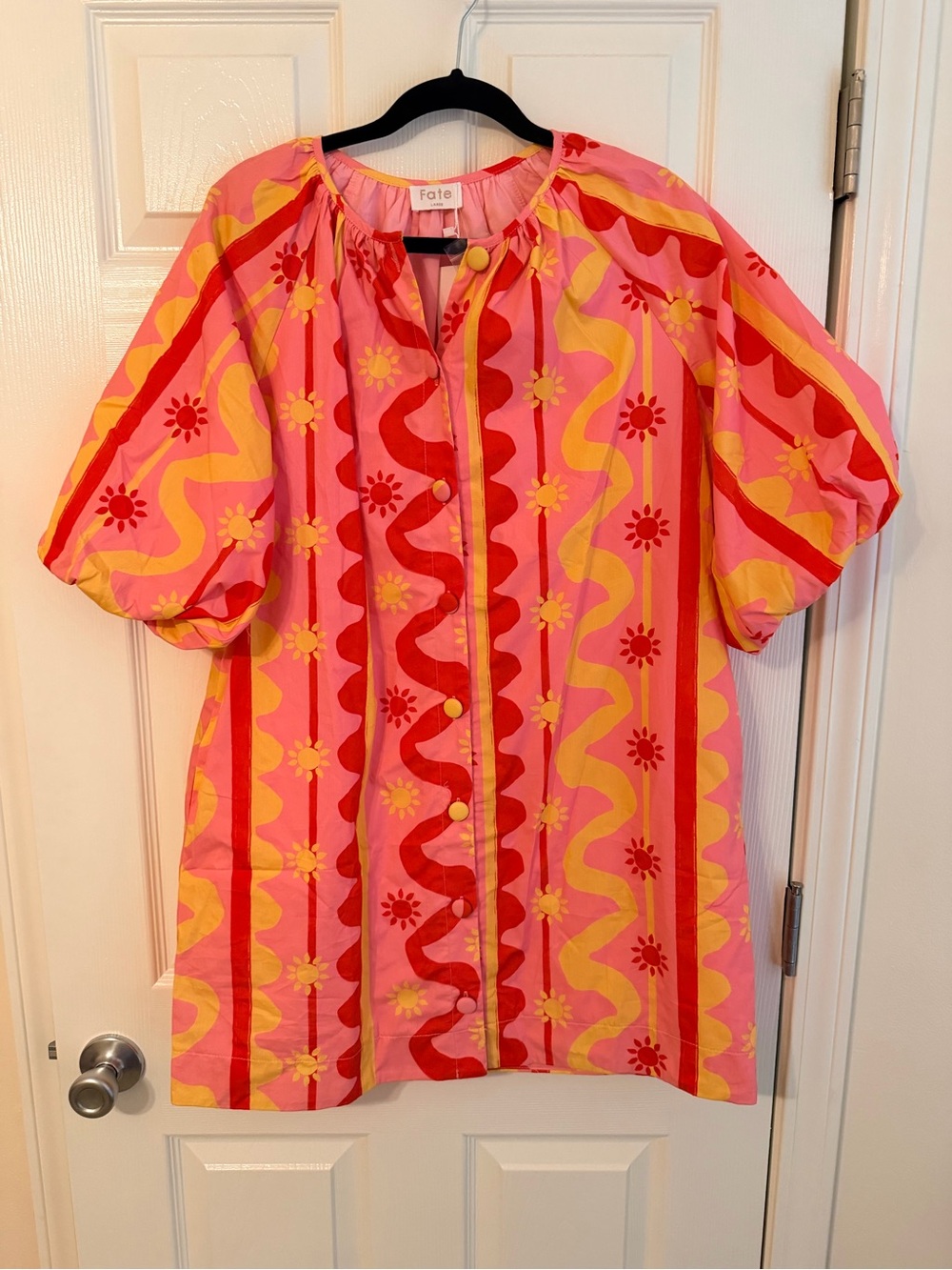 Fate Pink, Yellow & Red Floral Stripe Puff-Sleeve Tunic